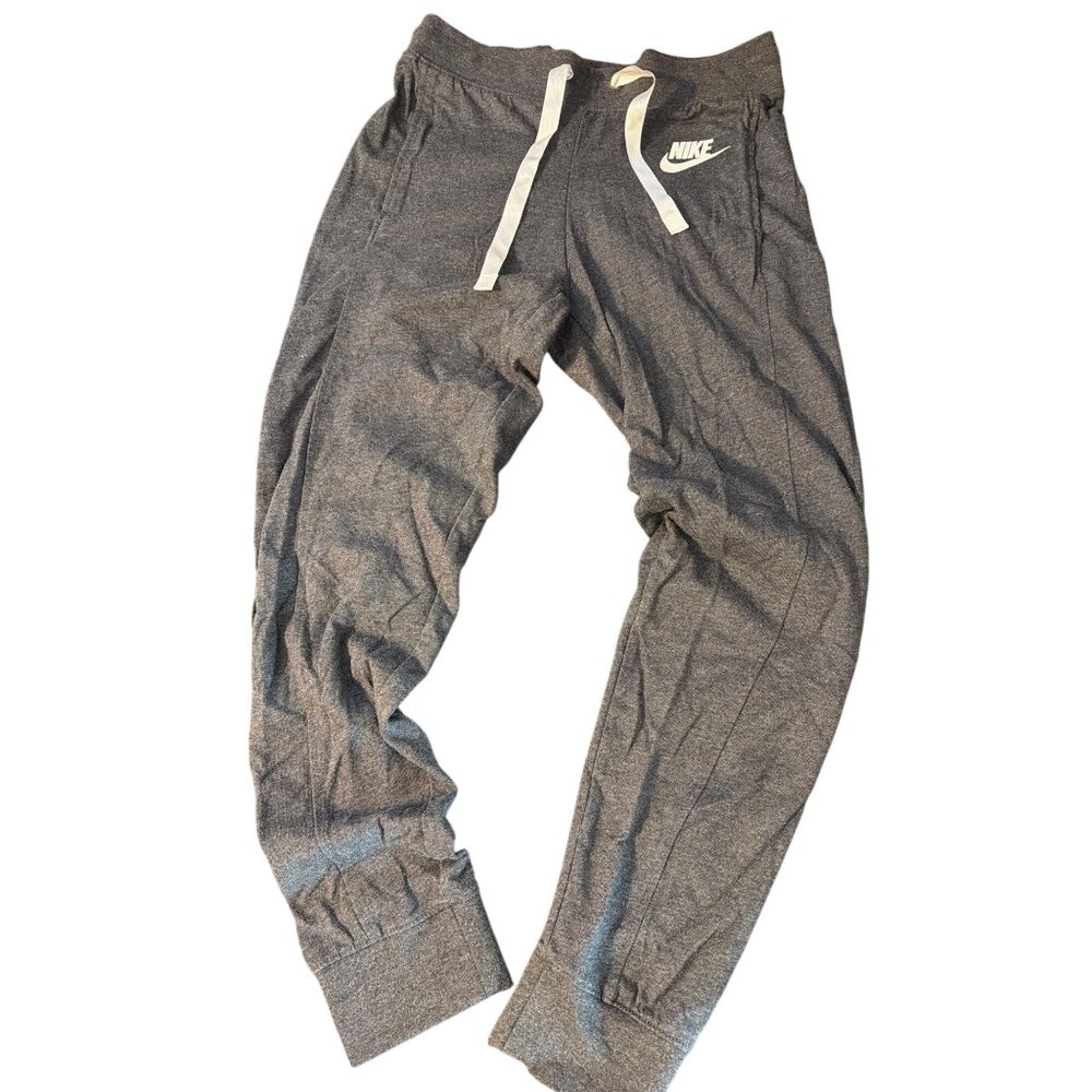 Nike Charcoal Gray Knit Joggers White Drawstring Logo Waistband Small Size Mens